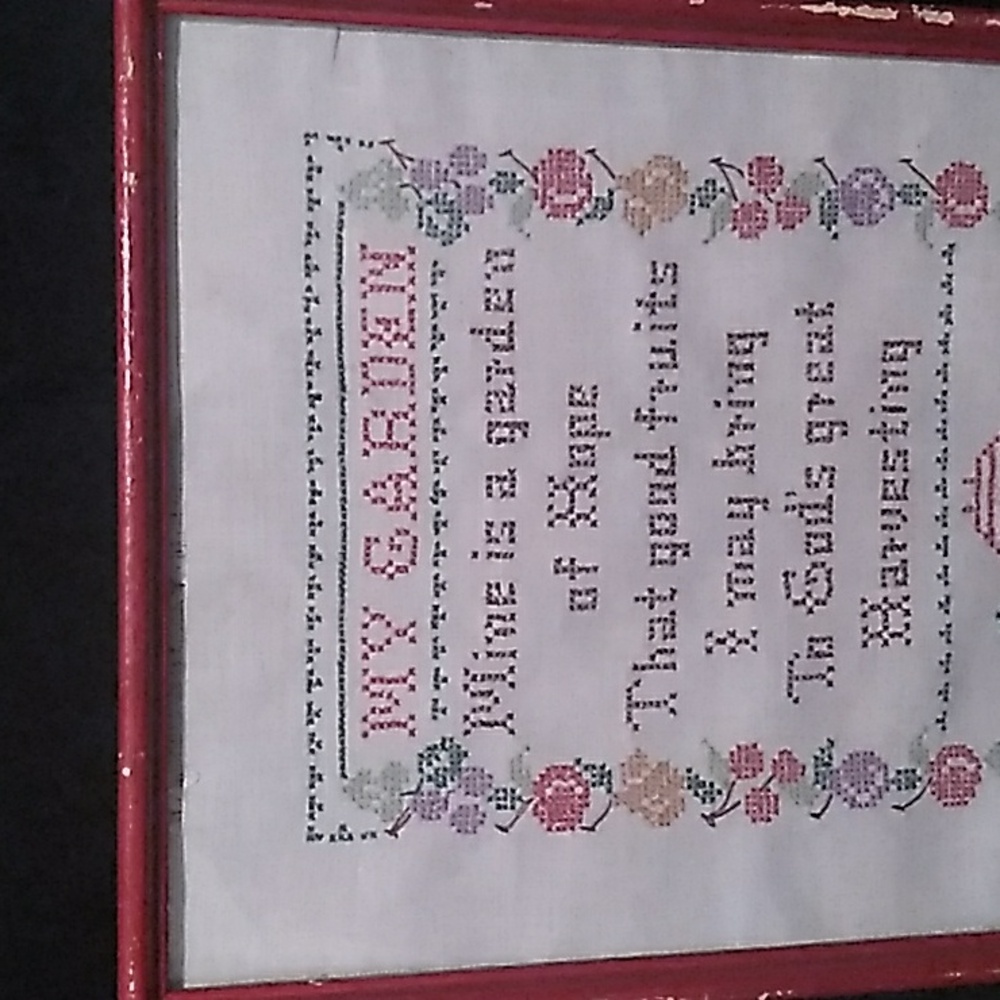 Vintage 1973 Framed "My Garden" Cross-Stitch Art with Red Frame - Picture 4 of 9